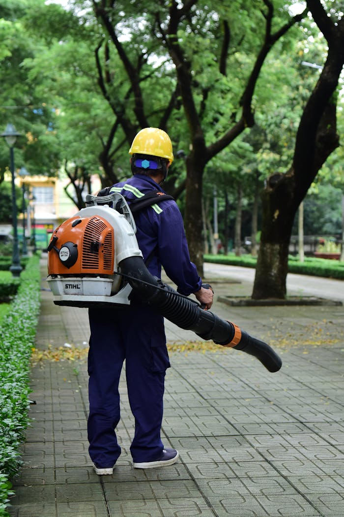 Inicio A city park worker in blue uniform and helmet operating a leaf blower on a walkway.